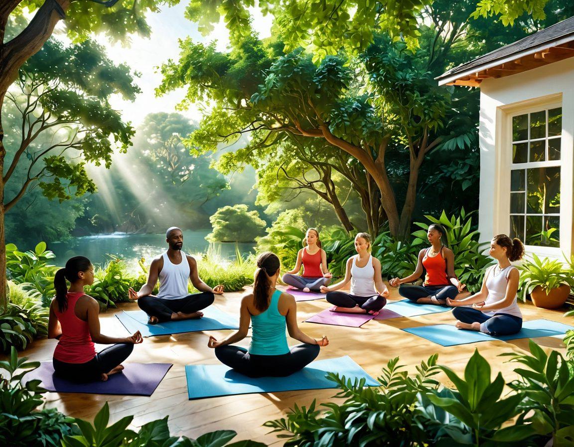 A serene wellness scene depicting a diverse group of individuals engaging in healthy activities such as yoga, preparing nutritious meals, and sharing supportive conversations. Include a peaceful nature backdrop with lush greenery, sunlight filtering through leaves, and symbols of mental health like a calming brain illustration. Emphasize a sense of community and positivity. super-realistic. vibrant colors. soothing atmosphere.