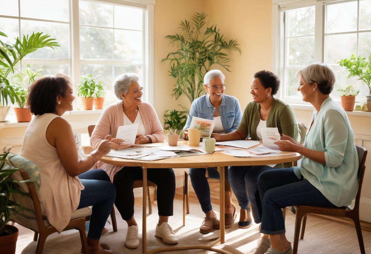 An uplifting scene of a diverse group of people gathered in a cozy, sunlit room, sharing smiles and conversations, surrounded by plants and inspirational quotes. Show a table filled with informative resources such as brochures and cancer care books, symbolizing support and guidance. Portray a sense of hope and togetherness through their interactions and warm expressions. painting. soft colors. inviting atmosphere.
