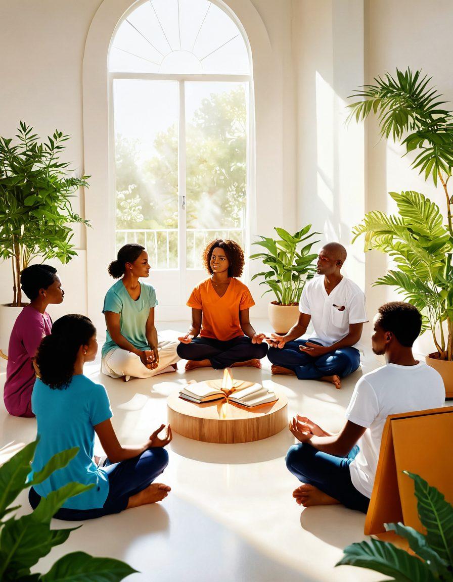 A serene and uplifting illustration showing a diverse group of patients engaged in a supportive discussion circle, surrounded by symbols of education like books and wellness such as plants and meditation. Light rays streaming down, creating a warm, hopeful atmosphere. Use calming colors to evoke a sense of peace and empowerment. super-realistic. vibrant colors. white background.